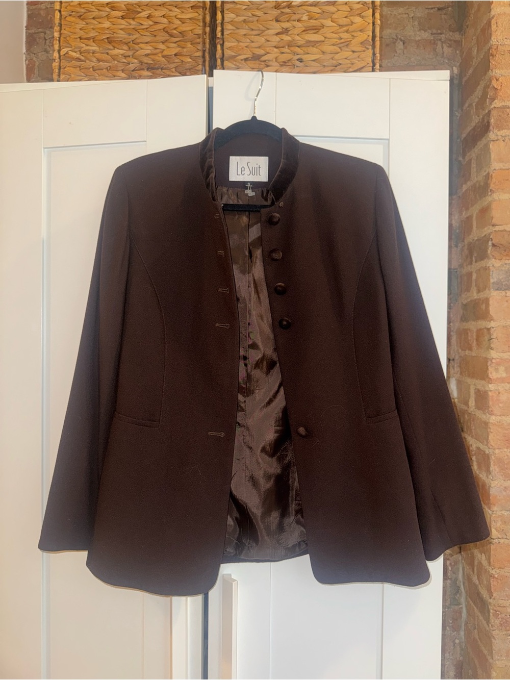 Le Suit Women's Dark Brown Collarless Coat Jacket